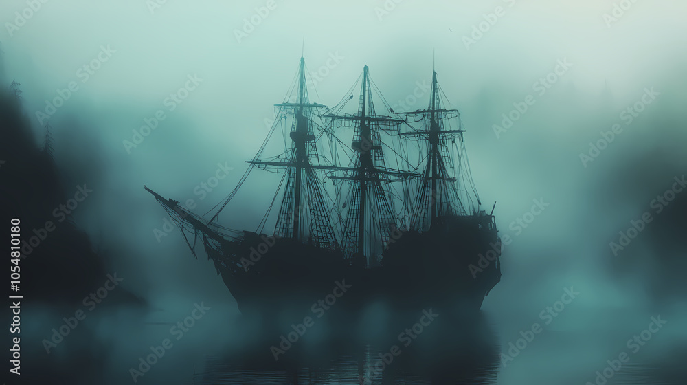 A ghost ship in foggy waters, mysterious, eerie, abandoned, drifting, spectral. Ghost Ship. Illustration