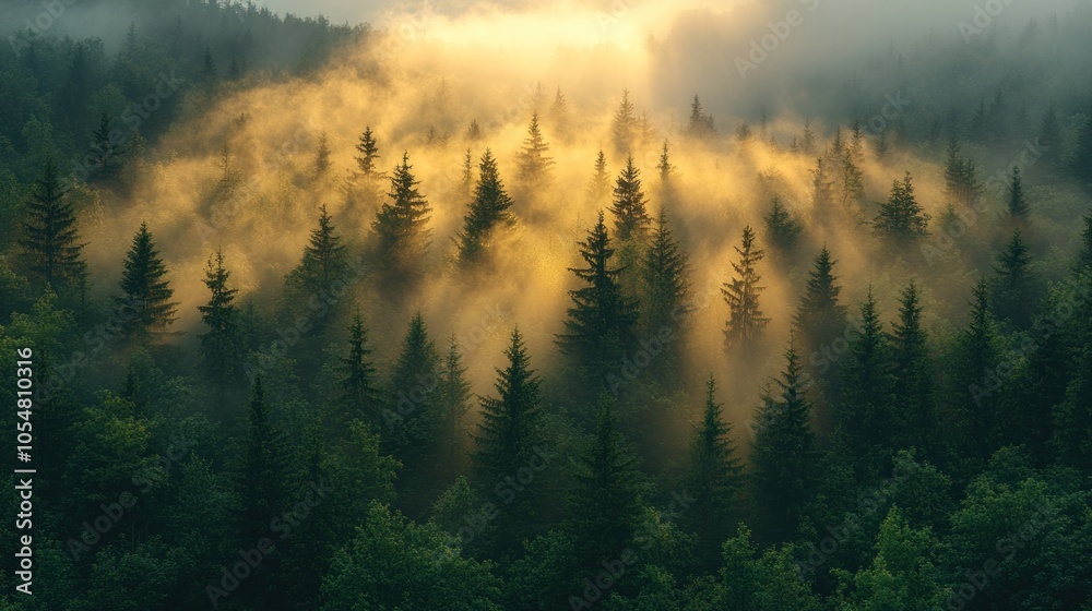 Naklejka premium Misty forest at dawn with sunlight filtering through trees.