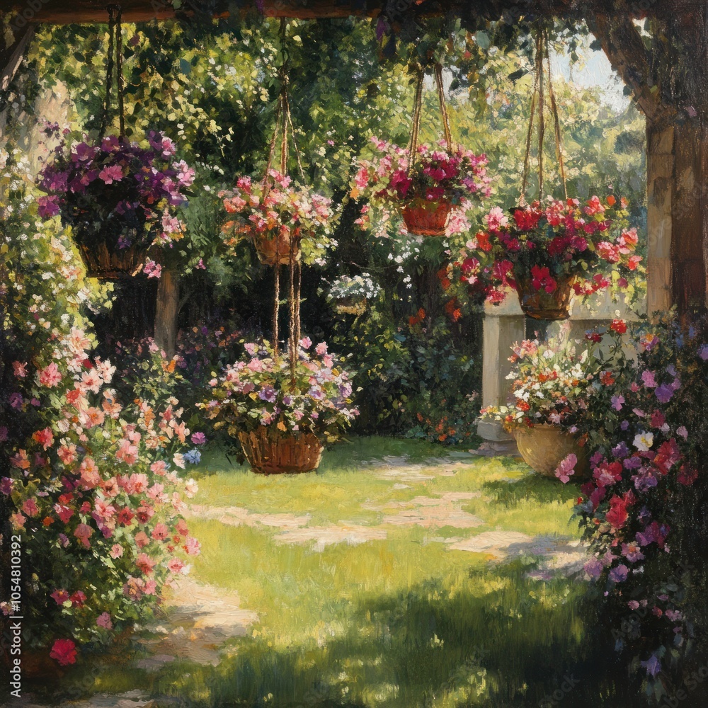 Garden with hanging flower baskets Garden with hanging flower baskets