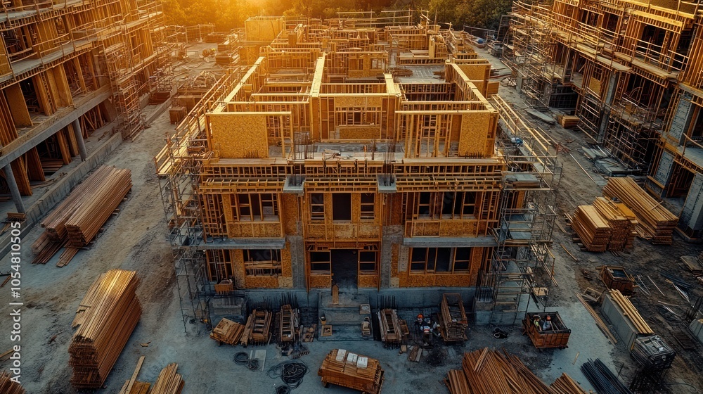 Fototapeta premium Construction site with wooden structures and scaffolding at sunset.
