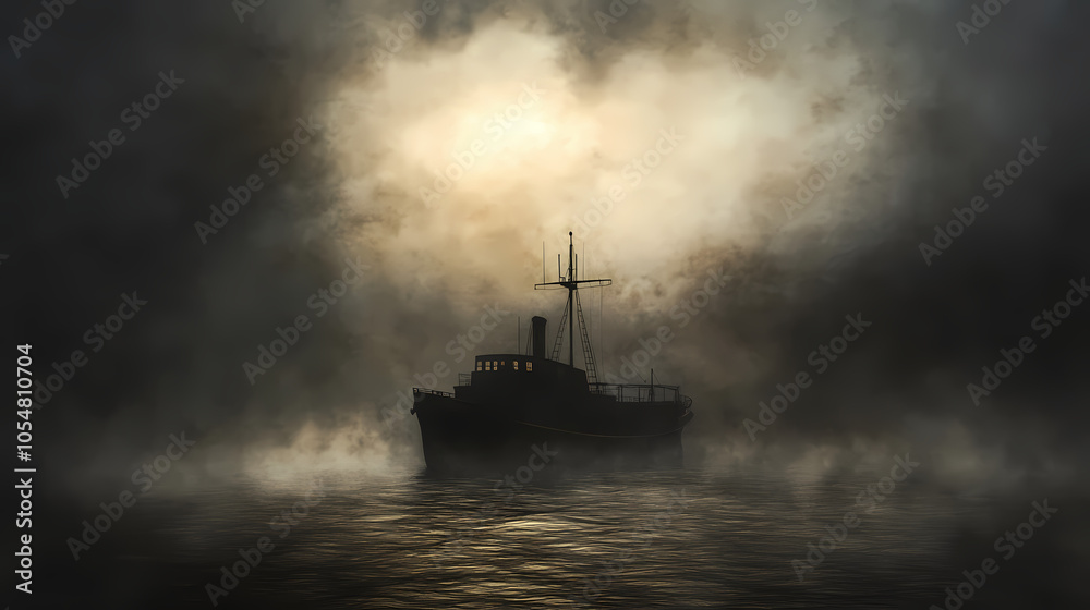 A ghost ship sailing through foggy waters under a dark sky. Ghost Ship. Illustration A ghost ship sailing through foggy waters under a dark sky. Ghost Ship. Illustration