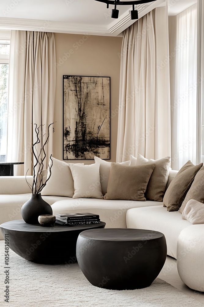 Fototapeta premium Modern Minimalist Living Room Featuring Beige Sofas and Dark Wood Coffee Tables : Generative AI
