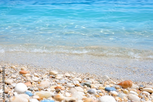 Serene Beach Shoreline with Smooth Pebbles and Clear Turquoise Water : Generative AI