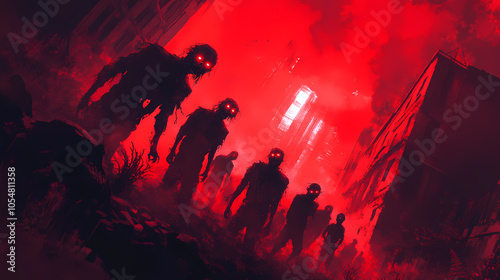 A horde of undead zombies rising from the ground in a red-black graveyard, their eyes glowing with eerie red light, in a zombie fantasy artwork illustration. Zombie Horde. Illustration photo