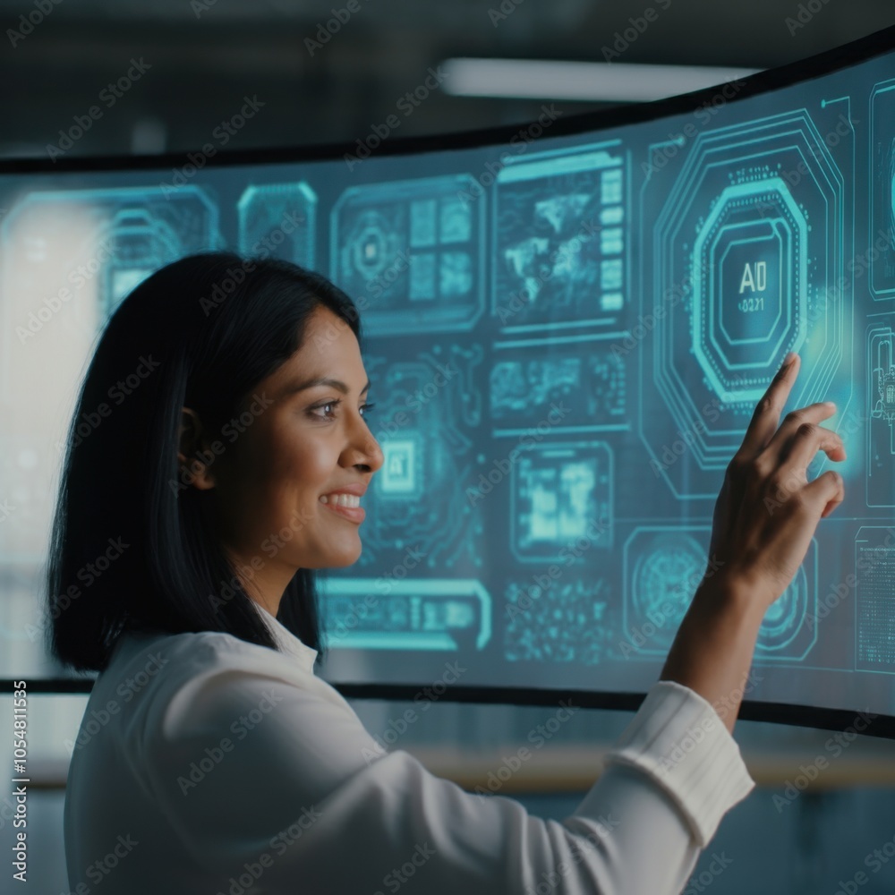 Woman interacting with AI interface Woman interacting with AI interface