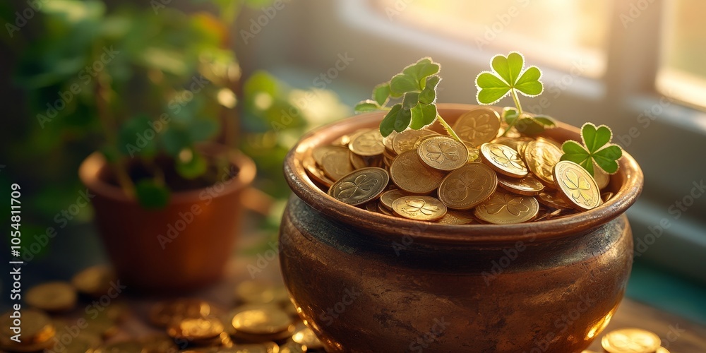 Pot of Gold Coins with Green Clover for St. Patrick's Day Pot of Gold Coins with Green Clover for St. Patrick's Day