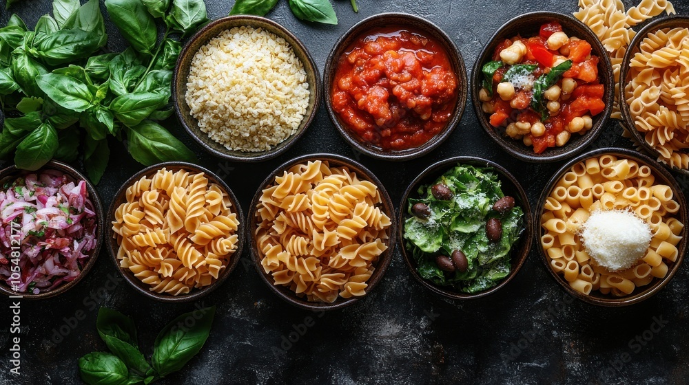 A variety of pasta ingredients arranged in bowls for meal preparation. A variety of pasta ingredients arranged in bowls for meal preparation.