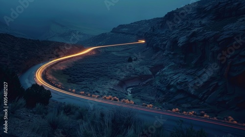 A winding road weaves through the hilly landscape its lights casting a ghostly glow along the edge of the cliff. photo