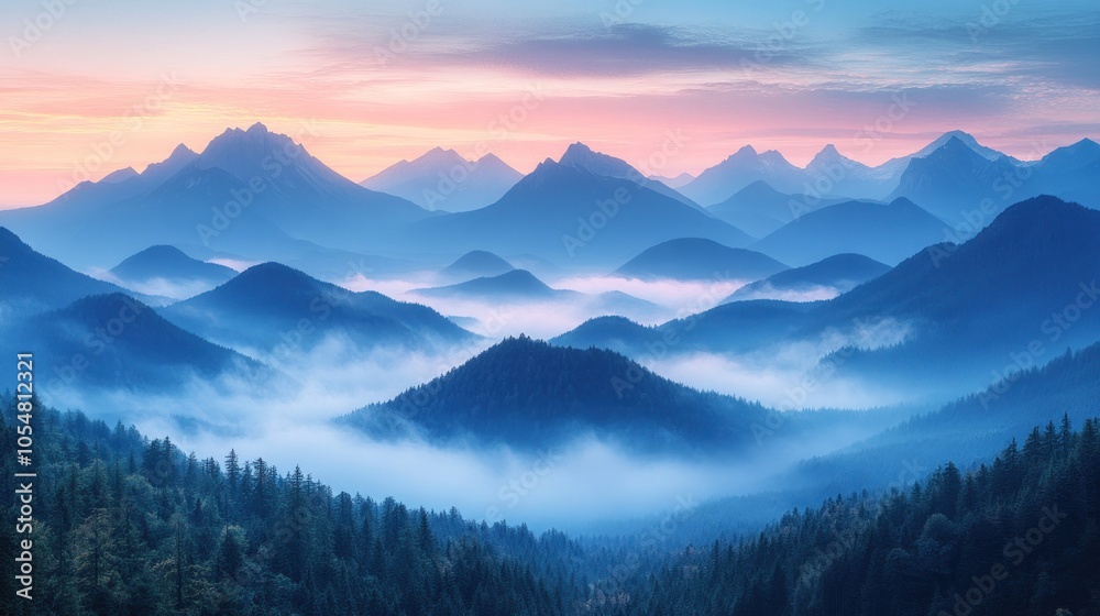 Serene mountain landscape at dawn with mist and soft colors. Serene mountain landscape at dawn with mist and soft colors.