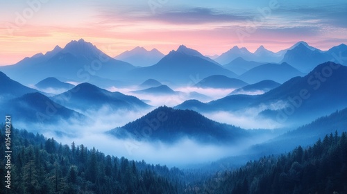 Serene mountain landscape at dawn with mist and soft colors.