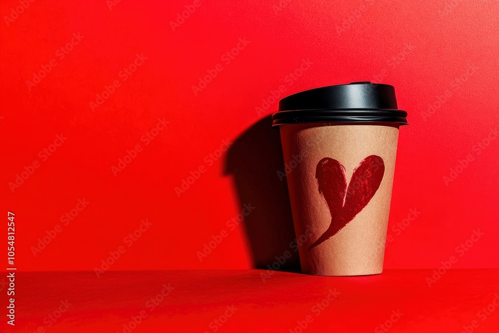 A paper coffee cup with a black lid and a lipstick mark sits against a vibrant red background, highlighting a bold contrast. with generative ai