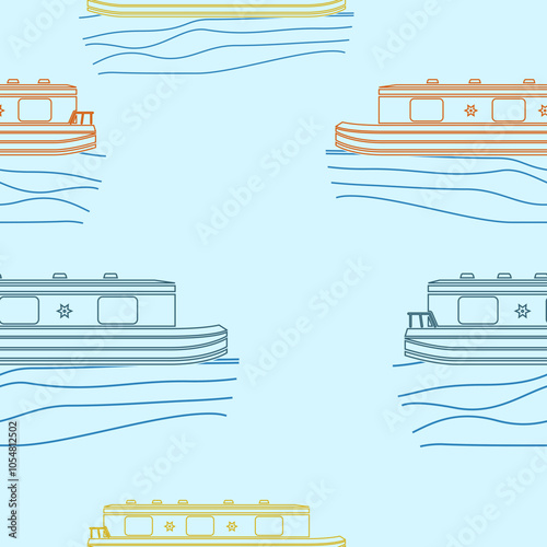 Editable Outline Style Canal Boats Vector Illustration in Various Color as Seamless Pattern for Creating Background of Transportation or Recreation of United Kingdom or Europe Related Design