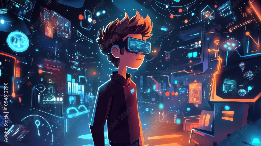 Cartoon man in a VR world, surrounded by interactive graphics, illustrated in a bright vector style Cartoon man in a VR world, surrounded by interactive graphics, illustrated in a bright vector style