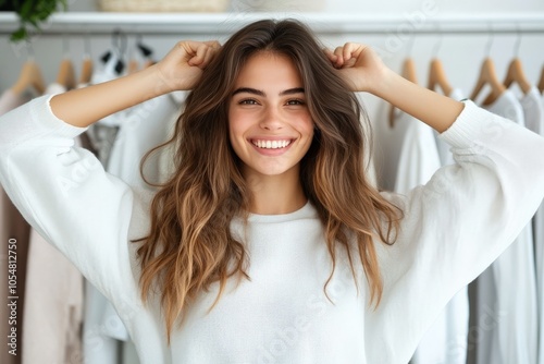 A young woman stands smiling, wearing a trendy white sweater, surrounded by neatly organized clothes, conveying a sense of warm satisfaction and fashion-forward style.