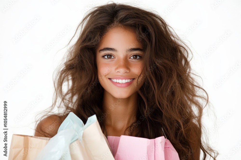 A vibrant young woman with windswept hair holds colorful shopping bags, smiling brightly and conveying an exuberant, carefree attitude in retail shopping. A vibrant young woman with windswept hair holds colorful shopping bags, smiling brightly and conveying an exuberant, carefree attitude in retail shopping.