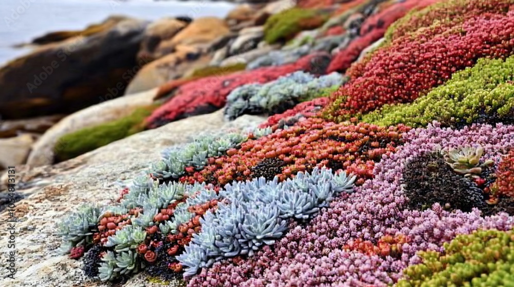 Fototapeta premium Vivid Coastal Succulent Plants on Rocky Shoreline in Full Bloom Creating a Vibrant Coastal Landscape : Generative AI