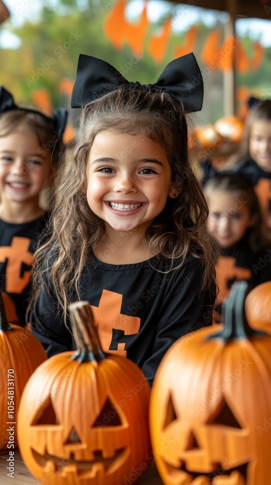 A group of children dressed in Halloween costumes, smiling and posing next to pumpkins on a table A group of children dressed in Halloween costumes, smiling and posing next to pumpkins on a table