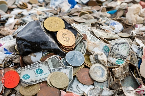 Mixed Currencies and Coins with Bitcoin Symbol in Trash Pile : Generative AI