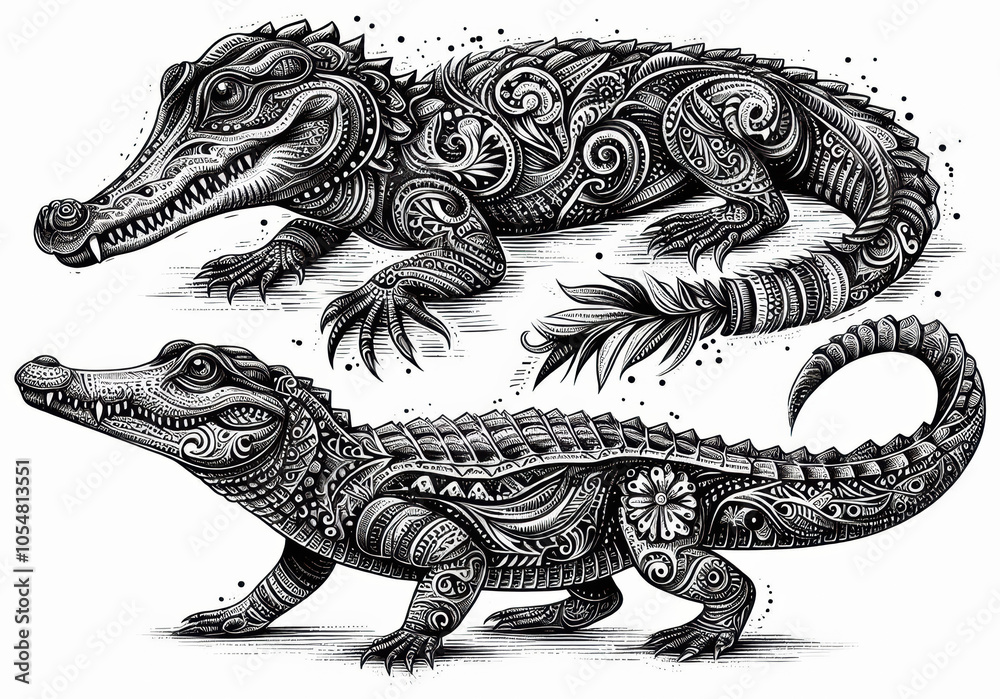 Obraz premium TRIBAL TATOO トライバル タトゥ 刺青 ワニ クロコダイル アリゲーター