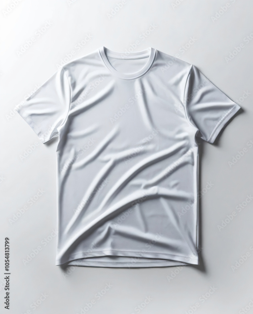 A white T-shirt is the main focus of this commercial photo. A white T-shirt is the main focus of this commercial photo.
