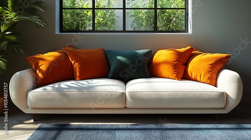 Sunlightfilled living room with comfortable sofa and colorful cushions near large window : Generative AI photo