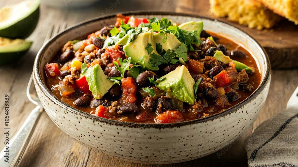 A bowl of chili topped with avocado and cilantro sits on a wooden table A bowl of chili topped with avocado and cilantro sits on a wooden table