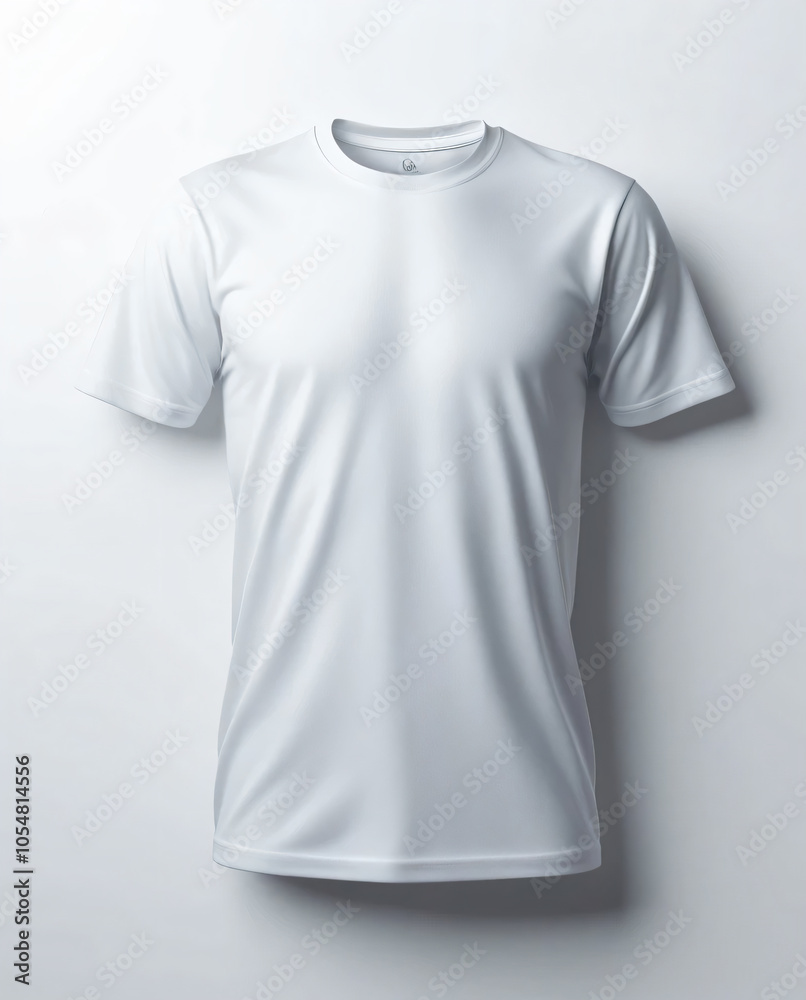 A white T-shirt is displayed on a light background. A white T-shirt is displayed on a light background.