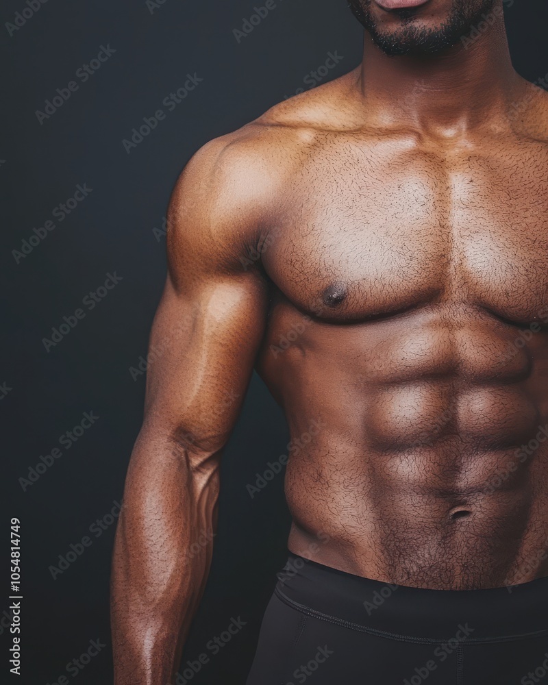 Fototapeta premium Muscular male torso showing defined abs against a dark background.
