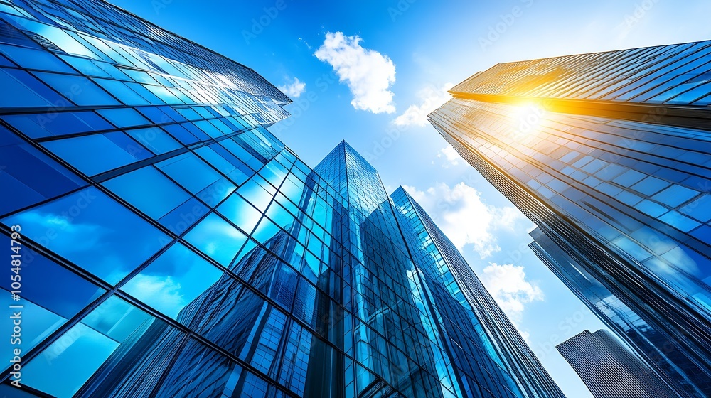 Skyline View of Modern Glass Skyscrapers Reflecting Sunlight and Blue Sky : Generative AI Skyline View of Modern Glass Skyscrapers Reflecting Sunlight and Blue Sky : Generative AI
