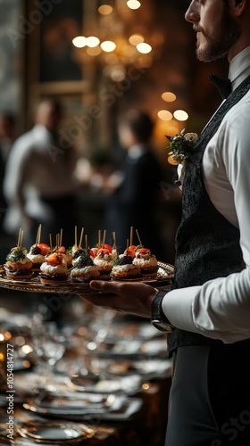 Waiter Holding Tray with Gourmet Appetizers at Party