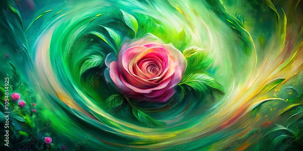 A vibrant pink rose blooms amidst a swirling green and yellow landscape, its petals unfurling in a symphony of colors. A vibrant pink rose blooms amidst a swirling green and yellow landscape, its petals unfurling in a symphony of colors.