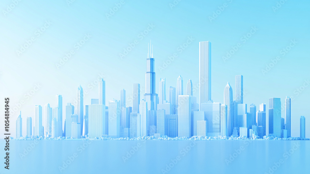 3D rendering of city skyline, showcasing modern cityscape with tall buildings and serene blue atmosphere. architectural design reflects contemporary urban aesthetics