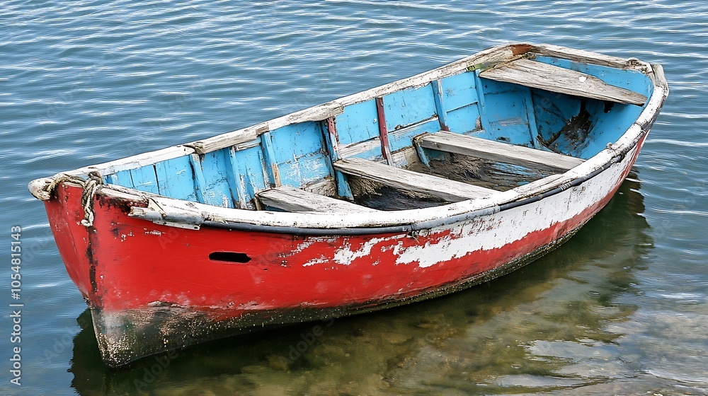 Colorful Red Boat with Rustic Charm Floating in Clear Blue Water by Lake Shoreline : Generative AI Colorful Red Boat with Rustic Charm Floating in Clear Blue Water by Lake Shoreline : Generative AI