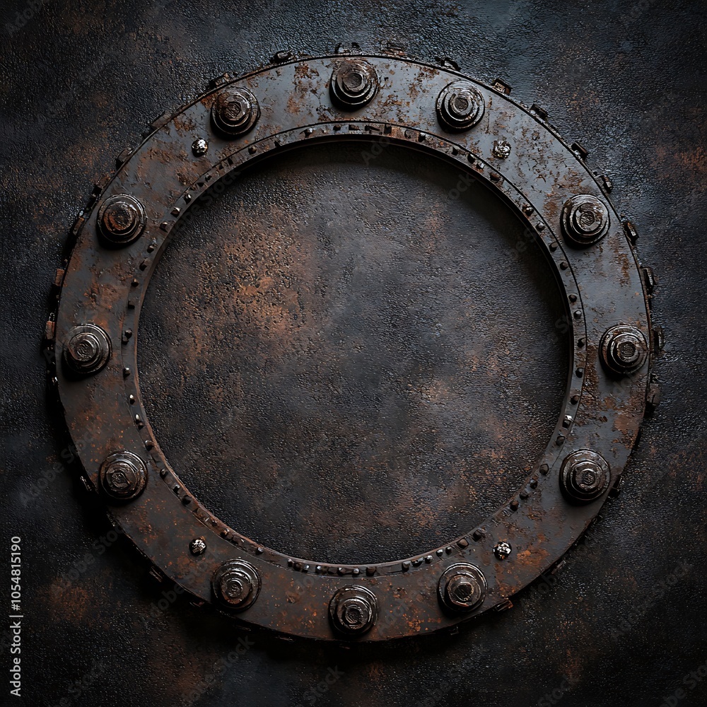 Fototapeta premium Rusty metal circle frame with bolts on a grunge background.