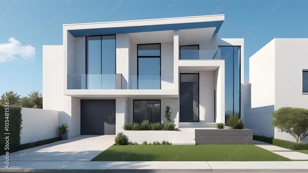 住宅の建築パース、3DCGによるモダンな住宅のイラスト 住宅の建築パース、3DCGによるモダンな住宅のイラスト