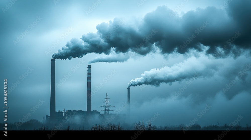 A photo of dark grey smoke billowing from industrial chimneys, highlighting the scale and impact on air quality, with white steam and black smoke rising into the grey sky, emphasizing environmental A photo of dark grey smoke billowing from industrial chimneys, highlighting the scale and impact on air quality, with white steam and black smoke rising into the grey sky, emphasizing environmental