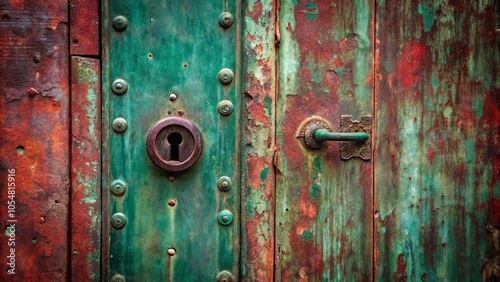 A weathered door with a keyhole and a handle, revealing a rich tapestry of rusted, chipped, and peeling paint, showcasing the passage of time and the enduring beauty of decay.