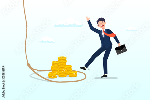 Greed businessman try to step into tricky rope trap to get money banknotes bundle, money trap to trick greed people, danger fraud or threat to attack victim, financial or investment problem concept