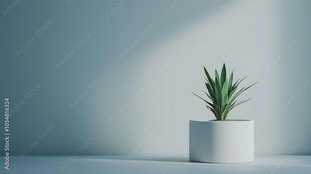 Minimalist Plant in White Pot Against Blue Wall. Illustration background for presentation Minimalist Plant in White Pot Against Blue Wall. Illustration background for presentation