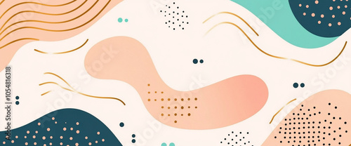 Abstract background with watercolor shapes and gold accents, featuring soft curves and dots in pastel colors. This design evokes sense of calm and creativity