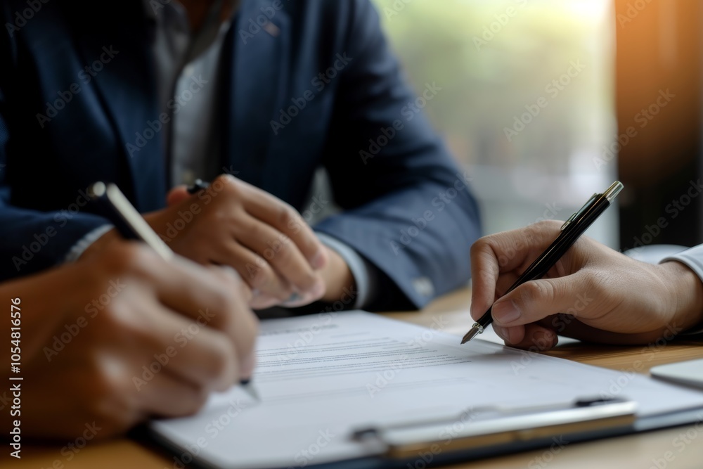 Solicitor discussing insurance contract details and guiding clients during a consultation in an office setting Solicitor discussing insurance contract details and guiding clients during a consultation in an office setting
