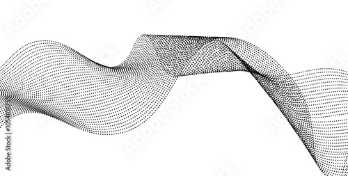Flowing dots particles wave pattern halftone gradient curve shape isolated on transparent background. Vector in concept of technology, AI, sound, science, music, modern flowing geometric backdrop