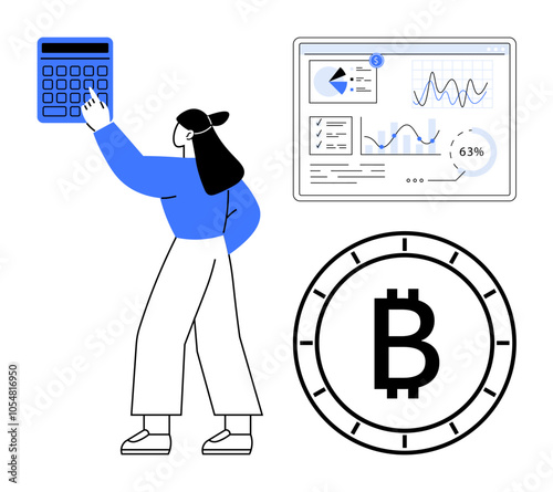 Female character using a calculator, analyzing financial charts, and a Bitcoin symbol. Ideal for finance, investment, cryptocurrency, data analysis, business strategy, economic projections