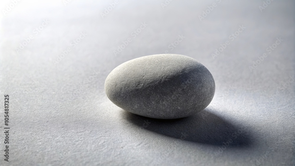 A smooth, grey stone with subtle texture rests on a light, textured surface, casting a soft shadow. The interplay of light and shadow creates a sense of serenity and tranquility.
