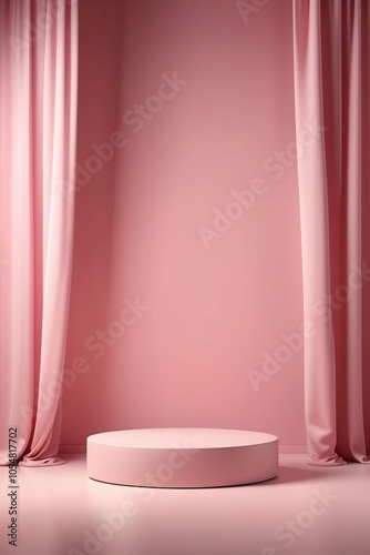 An empty pink pedestal platform in a minimal background for product presentation, vertical composition