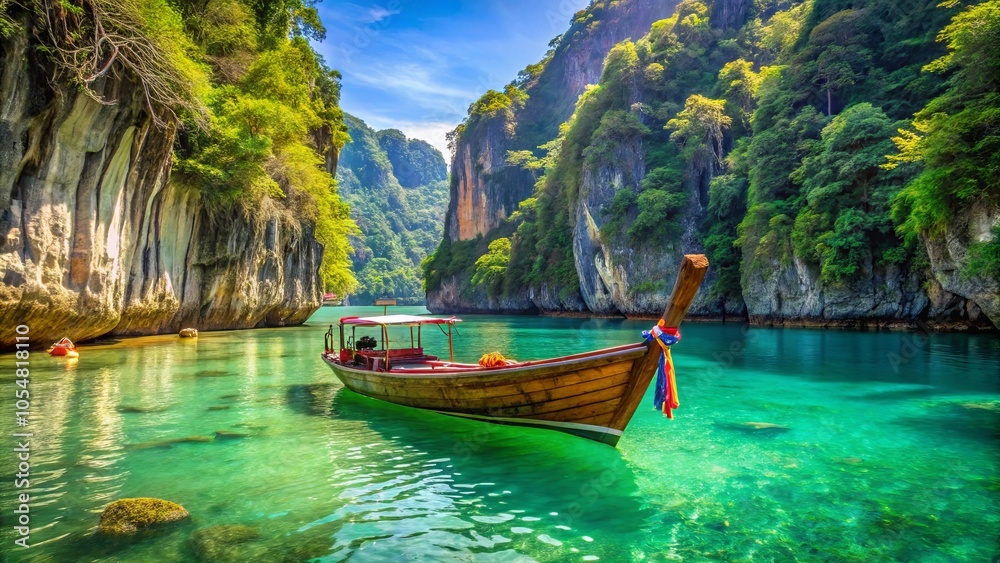 A Tranquil Longtail Boat Gliding Through the Turquoise Waters of a Lush Lagoon Surrounded by Dramatic Limestone Cliffs A Tranquil Longtail Boat Gliding Through the Turquoise Waters of a Lush Lagoon Surrounded by Dramatic Limestone Cliffs