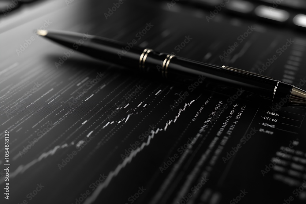 Fototapeta premium Elegant Black Pen on Digital Data Background for Business Strategy and Analysis Stock Photo : Generative AI