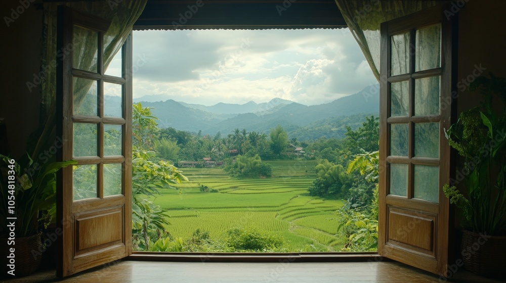 Landscape nature view background. view from window at a wonderful landscape nature view with rice terraces Landscape nature view background. view from window at a wonderful landscape nature view with rice terraces