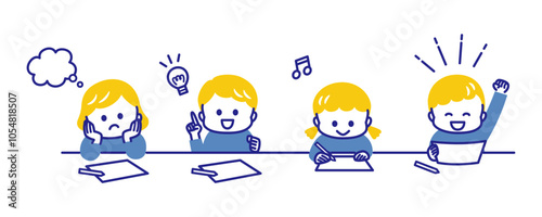 colorful illustration of kids studying at the desk
