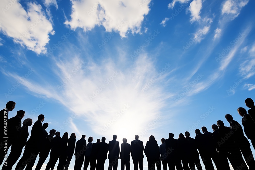 Naklejka premium Silhouette of diverse professionals under a blue sky symbolizing teamwork and collaboration : Generative AI